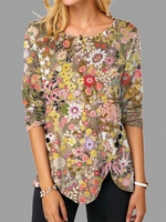 Lässig Geblümt Frühling/Herbst Täglich Langarm Weit Rundhals Baumwollmischung Regelmäßig T-Shirts für Damen