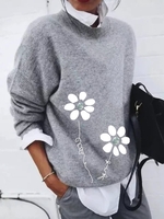 Lässig Geblümt Herbst Täglich Weit Langarm Regelmäßig H-Linie Mittlere Elastizität Pullover für Damen