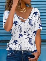 Lässig Geblümt Sommer Keine Elastizität Täglich Weit Jersey Kurzarm FF Shirts für Damen