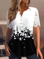 Lässig Geblümt Sommer Polyester Täglich Weit Spitze Mittellang Mittlere Elastizität Shirts für Damen