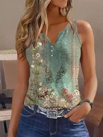 Lässig Geblümt Sommer Print Keine Elastizität Täglich Jersey Ärmellos CR Tanktop Blusen & Shirts für Damen