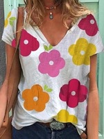Lässig Geblümt Sommer V-Ausschnitt Leicht Hohe Elastizität Lässig Weit Regelmäßig T-Shirts für Damen