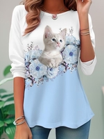 Lässig Katze Frühling/Herbst Polyester Täglich Weit Rundhals Regelmäßig Regelmäßig T-Shirts für Damen