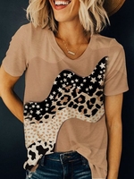 Lässig Leopard Sommer Normal Leicht Hohe Elastizität Kurzarm Weit Baumwollmischung T-Shirts für Damen