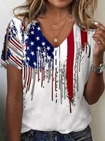 Lässig Sommer Amerika-Flagge Keine Elastizität Weit Jersey Kurzarm Regelmäßig H-Linie T-Shirts für Damen