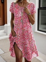 Lässig Sommer Blumenmuster Polyester Mikroelastizität Midi Rundhals T-Shirt-Kleid Nein Kleider für Damen