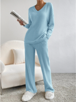 Lässig Unifarben Frühling/Herbst Polyester V-Ausschnitt Normal Täglich Weit NL Zweiteiliges Sets für Damen