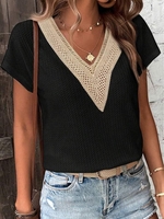 Lässig Unifarben Sommer Polyester Spitze Keine Elastizität Weit Kurzarm H-Linie Shirts für Damen