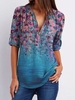 Modetalente Geblümt 1 Blau Damen T-Shirts Polyester Lässig V-Ausschnitt Kurzarm Geblümt T-Shirts