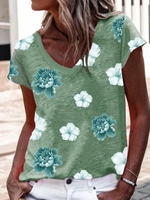 Modetalente Geblümt 1 Grün Damen T-Shirts Baumwollgemisch V-Ausschnitt Lässig Kurzarm T-Shirts