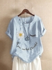 Modetalente Geblümt 1 Grün Himmelblau Damen T-Shirts Rundhals Retro Baumwollmischung Kurzarm Print T-Shirts