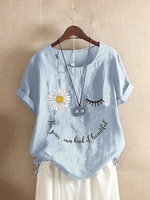Modetalente Geblümt 1 Grün Himmelblau Damen T-Shirts Rundhals Retro Baumwollmischung Kurzarm Print T-Shirts