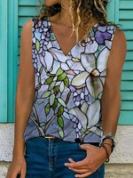 Modetalente Geblümt 1 Multifarben Damen Muskelshirt Baumwollgemisch Resort V-Ausschnitt Muskelshirt