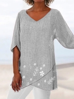 Modetalente Geblümt 1 Pink Rosarot Gelb Lila Grau Damen Kurzarm-Blusen Lässig Baumwolle V-Ausschnitt Print Kurzarm-Blusen