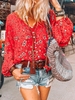 Modetalente Geblümt 1 Rot Rosa Lila Orange Blau Damen Langarm-Blusen V-Ausschnitt Böhmisch Baumwollgemisch Langarm Geblümt Langarm-Blusen