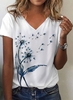 Modetalente Geblümt Weiß Damen T-Shirts V-Ausschnitt Urlaub Baumwollmischung Kurzarm Löwenzahn T-Shirts