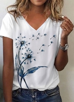 Modetalente Geblümt Weiß Damen T-Shirts V-Ausschnitt Urlaub Baumwollmischung Kurzarm Löwenzahn T-Shirts