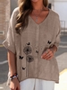 Modetalente Khaki Damen Kurzarm-Blusen Bambus V-Ausschnitt Lässig Urlaub Löwenzahn Kurzarm-Blusen