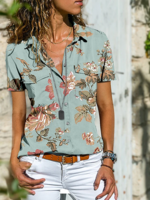 Modetalente Kurzarm 1 Blau Damen Kurzarm-Blusen Lässig Hemdkragen Baumwollgemisch Print Täglich Kurzarm-Blusen
