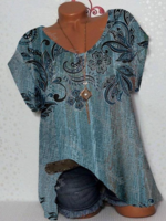 Modetalente Kurzarm 1 Blau Damen Kurzarm-Blusen Lässig Rundhals Baumwollgemisch Print Täglich Kurzarm-Blusen