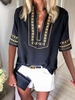 Modetalente Kurzarm 1 Schwarz Damen Kurzarm-Blusen Polyester V-Ausschnitt Retro Kurzarm-Blusen