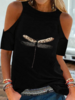 Modetalente Kurzarm 1 Schwarz Damen T-Shirts Lässig Schulterfrei Baumwollgemisch Täglich Print T-Shirts