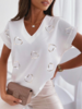 Modetalente Kurzarm 1 Weiß Blaupink Damen Shirts V-Ausschnitt Lässig Jersey Herz/herzförmig Shirts