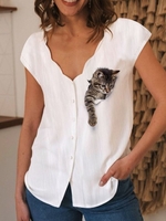 Modetalente Kurzarm 1 Weiß Damen Kurzarm-Blusen V-Ausschnitt Lässig Baumwollgemisch Print Täglich Kurzarm-Blusen