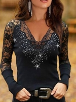 Modetalente Langarm 1 Schwarz Damen Langarmshirts V-Ausschnitt Baumwollmischung Böhmisch Lässig Langarmshirts