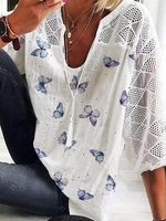 Modetalente Langarm 1 Weiß Blau Gelb Damen Langarm-Blusen Lässig Polyesterfaser Rundhals Kurzarm Schmetterling Langarm-Blusen
