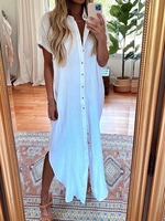 Unifarben Baumwolle Weit V-Ausschnitt Maxikleider