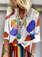 Urlaub Geblümt Sommer Halbarm V-Ausschnitt Chemische Fasermischung Weit Regelmäßig Elegant Shirts für Damen