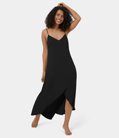 Halara - Breezeful™ Schnell trocknendes,  rückenfreies,  asymmetrisches Maxi-Flowy-Freizeitkleid mit verstellbaren Trägern,  V-Ausschnitt,  V-Rücken und Crossover-Saum - Schwarz - XL