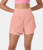 Halara - Breezeful™ Super hoch taillierte,  schnell trocknende 2-in-1-Yoga-Shorts mit Bogensaum und Seitentaschen 8, 9 cm - Peach Melba - L