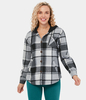 Halara - Casual karierte Fleecejacke mit Kapuze,  Kordelzug,  Knöpfen und Taschen - Black Grey Gradient Plaid - M