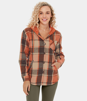 Halara - Casual karierte Fleecejacke mit Kapuze,  Kordelzug,  Knöpfen und Taschen - Orange Grey Plaid - L