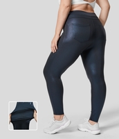 Halara - Cloudful™ Shine Plus-Size 7/8-Lederleggings aus elastischem künstlichem Leder mit hohem Bund und Gesäßtaschen - Shiny Midnight Blue - 3X(7/8)