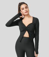 Halara - Cloudful™-Stoff Kurz geschnittenes Yoga-Sportoberteil mit geteiltem Daumenloch - Schwarz - XL