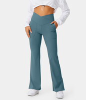 Halara - Crossover Pocket Split Saum Flare Leggings in voller Länge-Smile - Misty Cyan Blue - S(petite)