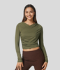 Halara - Crossover-V-Ausschnitt,  gerafftes,  schmales Sport-Top - Capulet Olive - M