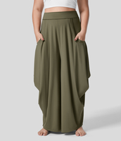 Halara - Drapierte Hose mit mittelhohem Bund,  mehrere Taschen und weitem Bein in Übergröße - Withered Green - 1X(regular)