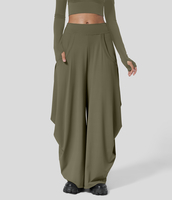 Halara - Drapierte,  lässige Wischhose mit weitem Bein,  mittlerer Taille und mehreren Taschen - Withered Green - S(regular)