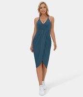 Halara - Drapiertes 2-in-1-Midi-Freizeitkleid mit tiefem V-Ausschnitt und überkreuzten,  verstellbaren Trägern - Majolica Blue - XL