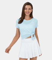 Halara - Durchsichtiges,  kurzärmliges,  asymmetrisches,  kurz geschnittenes Jacquard-Laufsportoberteil mit geteiltem Saum - Saltwater Slide - S