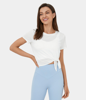 Halara - Durchsichtiges,  kurzärmliges,  asymmetrisches,  kurz geschnittenes Jacquard-Laufsportoberteil mit geteiltem Saum - Weiß - XS