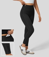 Halara - Einfarbige 7/8-Yoga-Leggings mit hohem Bund,  Reißverschlusstasche hinten,  gerüschtem Saum und Steppnähten - Schwarz - XL(7/8)