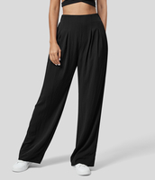 Halara - Einfarbige plissierte Bürohose mit geradem Bein,  hohe Taille,  elastischem Bund,  Seitentaschen und verstellbarem Saum - Schwarz - XL(regular)