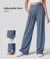 Halara - Einfarbige plissierte Bürohose mit geradem Bein,  hohe Taille,  elastischem Bund,  Seitentaschen und verstellbarem Saum - Wild Wind - L(regular)