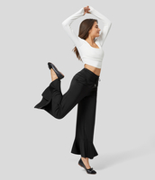 Halara - Einfarbige Tanzhose mit hoher Taille,  Kordelzug,  Seitentaschen,  Rüschen und weitem Bein - Schwarz - S(regular)