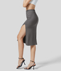 Halara - Einfarbiger,  figurbetonter Midi-Rock mit hohem Bund und seitlichem Schlitz - Granite Gray - XS(regular)